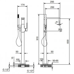 Fantini Mint Смеситель для ванны, напольный, с ручн душем, излив 250мм, с ручн.душем, (наружняя часть), цвет: хром
