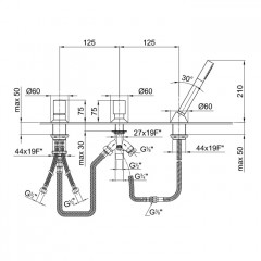 Fantini Nostromo Смеситель на борт ванны, на 2 источника, 3 отв., с ручн душем, без излива, цвет: хром