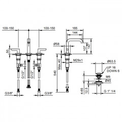Fantini Icona Deco Смеситель для раковины, 3 отв., с нажимн. донным клапаном, излив 145мм, цвет: хром