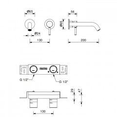 Fantini Nostromo Смеситель для раковины, встраиваемый, на 2 отв, без донного клапана, излив 200мм (наружняя часть), цвет Matt British Gold PVD