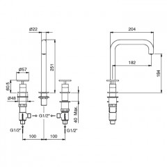 Fantini Fontane Bianche Смеситель для раковины, 3 отв., без донного клапана, излив 182мм, цвет: Matt Gun Metal PVD