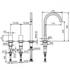 Fantini Venezia Смеситель для раковины, 3 отв., без донного клапана, излив 175мм, цвет: Matt Gun Metal PVD