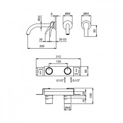 Fantini AL/23 Смеситель для раковины, встраиваемый, на 2 отв, без донного клапана, излив 200мм (наружняя часть), цвет: хром