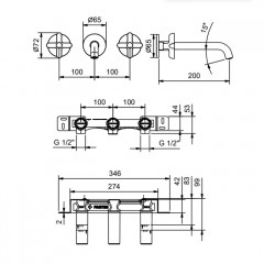 Fantini Icona Classic Смеситель для раковины, встраиваемый, на 3 отв, без дон.клапана, излив 200мм (наружняя часть), цвет: черный матовый