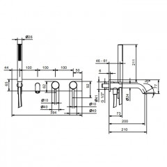 Fantini Nostromo Смеситель для ванны, встраиваемый, с ручн душем, излив 200мм, (наружняя часть), цвет: хром