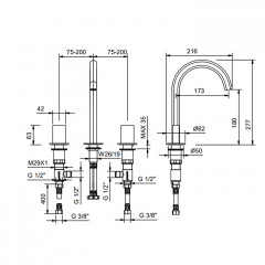 FANTINI VENEZIA Смеситель для раковины на 3 отверстия, излив 175 мм., без ручек, без донного клапана, цвет Matt Gun Metal PVD