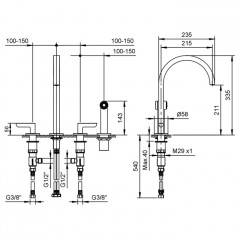 Fantini Icona Deco Смеситель для кухни, 4 отв, без донного клапана, излив 215мм, с ручн душем, цвет: хром