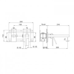 Fantini AR/38 Смеситель для раковины, встраиваемый, на 2 отв, без донного клапана, излив 200мм (наружняя часть), цвет: хром