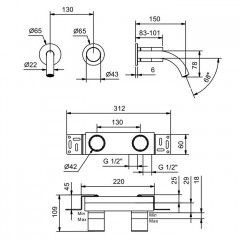 Fantini Nice Смеситель для раковины, встраиваемый, на 2 отв, без донного клапана, излив 150мм (наружняя часть), цвет: хром