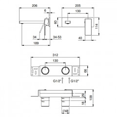 FANTINI MINT Смеситель для раковины, встраиваемый, на 2 отв, без донного клапана, излив 190мм (наружняя часть), цвет: черный матовый