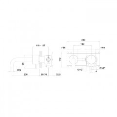 Fantini AF/21 Смеситель для раковины, встраиваемый, на 2 отв, без донного клапана, излив 208мм (наружняя часть), цвет: матовая натуральная сталь