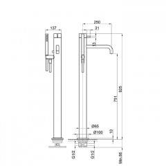 Fantini AF/21 Смеситель для ванны, напольный, с ручн душем, излив 250мм, (наружняя часть), цвет: матовая натуральная сталь