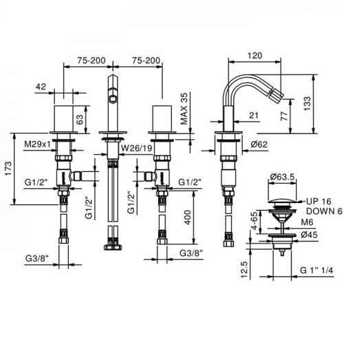 Fantini Venezia Смеситель для биде, 3 отв., с донным клапаном, излив 120мм, цвет: Matt Gun Metal PVD