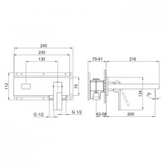 Fantini AR/38 Смеситель для раковины, встраиваемый, на 2 отв, без донного клапана, излив 200мм (наружняя часть), цвет: хром