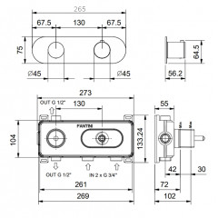 FANTINI AA/27 Смеситель настенный встраиваемый, термостатический, с переключателем на 2 положения, внешняя часть, отделка Matt Gun Metal PVD