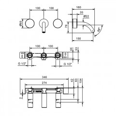 Fantini Nice Смеситель для раковины, встраиваемый, на 3 отв, без донного клапана, излив 150мм (наружняя часть), цвет: хром