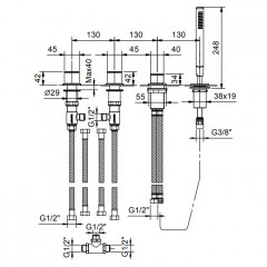 Fantini Mint Смеситель на борт ванны, на 2 источника, 4 отв., с ручн душем, без излива, цвет: хром