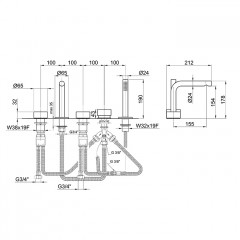 Fantini AF/21 Смеситель на борт ванны, 5 отв., с ручн душем, излив 155мм, цвет: матовая натуральная сталь