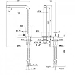 Fantini AF/21 Смеситель для раковины, 2 отв., без донного клапана, излив 190мм, цвет: матовая натуральная сталь