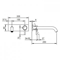 Fantini Nostromo Смеситель для раковины, встраиваемый, на 2 отв, без донного клапана, излив 250мм (наружняя часть), цвет: хром