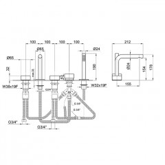 Fantini AF/21 Смеситель на борт ванны, 5 отв., с ручн душем, излив 155мм, цвет: Matt Gun Metal PVD