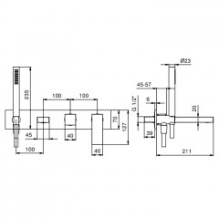 Fantini Mint Смеситель для ванны, встраиваемый, излив 200мм, с ручн.душем, (наружняя часть), цвет: нержавеющая сталь