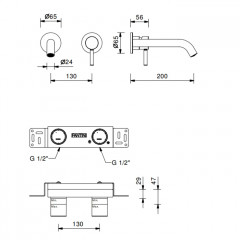 Fantini Nostromo Смеситель для раковины, встраиваемый, на 2 отв, без донного клапана, излив 200мм (наружняя часть), цвет: черный матовый