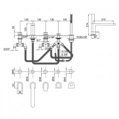Fantini Mare Смеситель на борт ванны, 5 отв., на 2 источника, с ручн душем, излив 210мм, цвет: хром