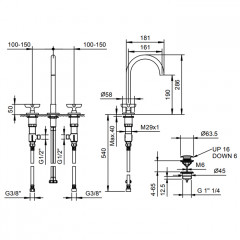 Fantini Icona Classic Смеситель для раковины, 3 отв., с нажимн. донным клапаном, излив 160мм, цвет: матовая оружейная сталь