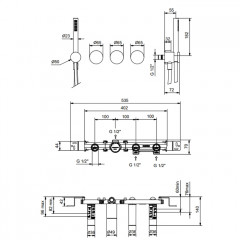 Fantini AF/21 Встроенный смеситель для ванны на 2 потока, ручная лейка FIT, гибкий шланг 150 см, (наружная часть) цвет Matt British Gold PVD