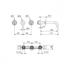 Fantini Fontane Bianche Смеситель для раковины, встраиваемый, на 3 отв., без донного клапана, излив 200мм, (наружняя часть), цвет: Matt Gun Metal PVD