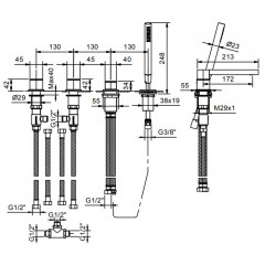 Fantini Mint Смеситель на борт ванны, на 2 источника, 4 отв., с ручн душем, без излива, цвет: нержавеющая сталь