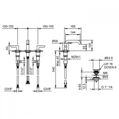 Fantini Icona Deco Смеситель для раковины, 3 отв., с нажимн. донным клапаном, излив 145мм, цвет: хром