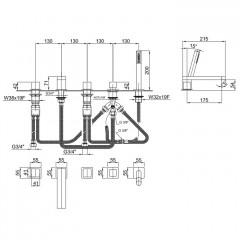 Fantini Mint Смеситель на борт ванны, 5 отв., с ручн душем, излив 175мм, цвет: хром