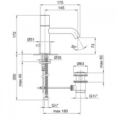 Fantini Nostromo Смеситель для раковины, 1 отв., с донным клапаном, излив 145мм, цвет: хром