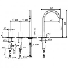 Fantini Venezia In Смеситель для раковины, 3 отв., с нажимн. донным клапаном, излив 150мм, цвет: Matt Gun Metal PVD