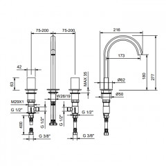 Fantini Venezia Смеситель для раковины, 3 отв., без донного клапана, излив 175мм, цвет: золото плюс