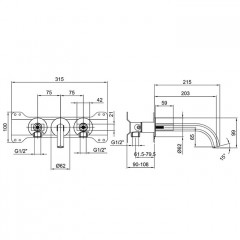 Fantini Venezia Смеситель для раковины, встраиваемый, на 3 отв., без донного клапана, излив 200мм, (наружняя часть), цвет: хром