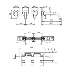 Fantini AL/23 Смеситель для раковины, встраиваемый, на 3 отв, без донного клапана, излив 200мм (наружняя часть), цвет: хром