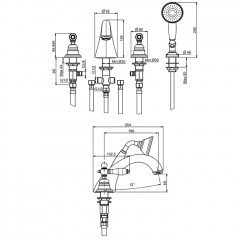 Fima Carlo Frattini Herend Смеситель на борт ванны, на 4 отв., с ручным душем, черные ручки, цвет: хром