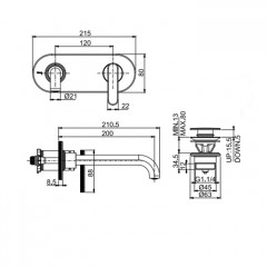 Fima Carlo Frattini PARK LANE Смеситель для раковины встраив. на пластинеизлив 200 мм. донный клапан click-clack, цвет: хром(без внутр части)