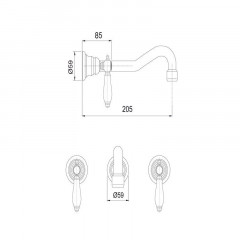 FIMA|Carlo Frattini Herend Смеситель для раковины настенного монтажа, на 3 отверстия, излив 200 мм, внешняя часть, донный клапан click- clack, цв хром