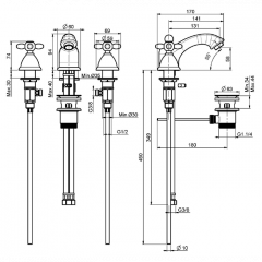 FIMA|Carlo Frattini Olivia Смеситель для раковины, на 3 отверстия, высота 94 мм., с донным клапаном, цвет бронза