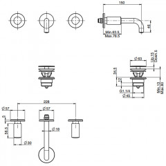 FIMA|Carlo Frattini So Смеситель для раковины, настенный монтаж, на 3 отв, без ручек, излив 150 мм., внешн часть, донный клапан click-clack, цвет хром