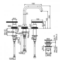 Fima Carlo Frattini PARK LANE Смеситель для раковины на 3 отв. излив 150 мм. донный клапан click-clack цвет: черный хром