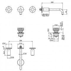 FIMA|Carlo Frattini So Смеситель для раковины, настенный монтаж, на 3 отв, без ручек, излив 200 мм., внешн часть, донный клапан click-clack, цвет хром