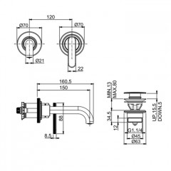 Fima Carlo Frattini PARK LANE Смеситель для раковины встраив. на 2 отв,излив 150 мм. донный клапан click-clack, цвет: хром(без внутр части)