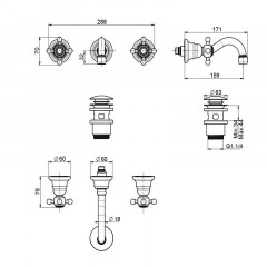 FIMA|Carlo Frattini Elizabeth Смеситель для раковины настенный монтаж, на 3 отв, излив 160 мм., внешняя часть, донный клапан click-clack, цвет хром
