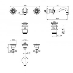 FIMA|Carlo Frattini Elizabeth Смеситель для раковины настенный монтаж, на 3 отв, излив 200 мм., донный клапан click-clack, внешняя часть, цвет хром