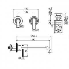Fima Carlo Frattini PARK LANE Смеситель для раковины встраив. на 2 отв,излив 250 мм. донный клапан click-clack, цвет: хром(без внутр части)